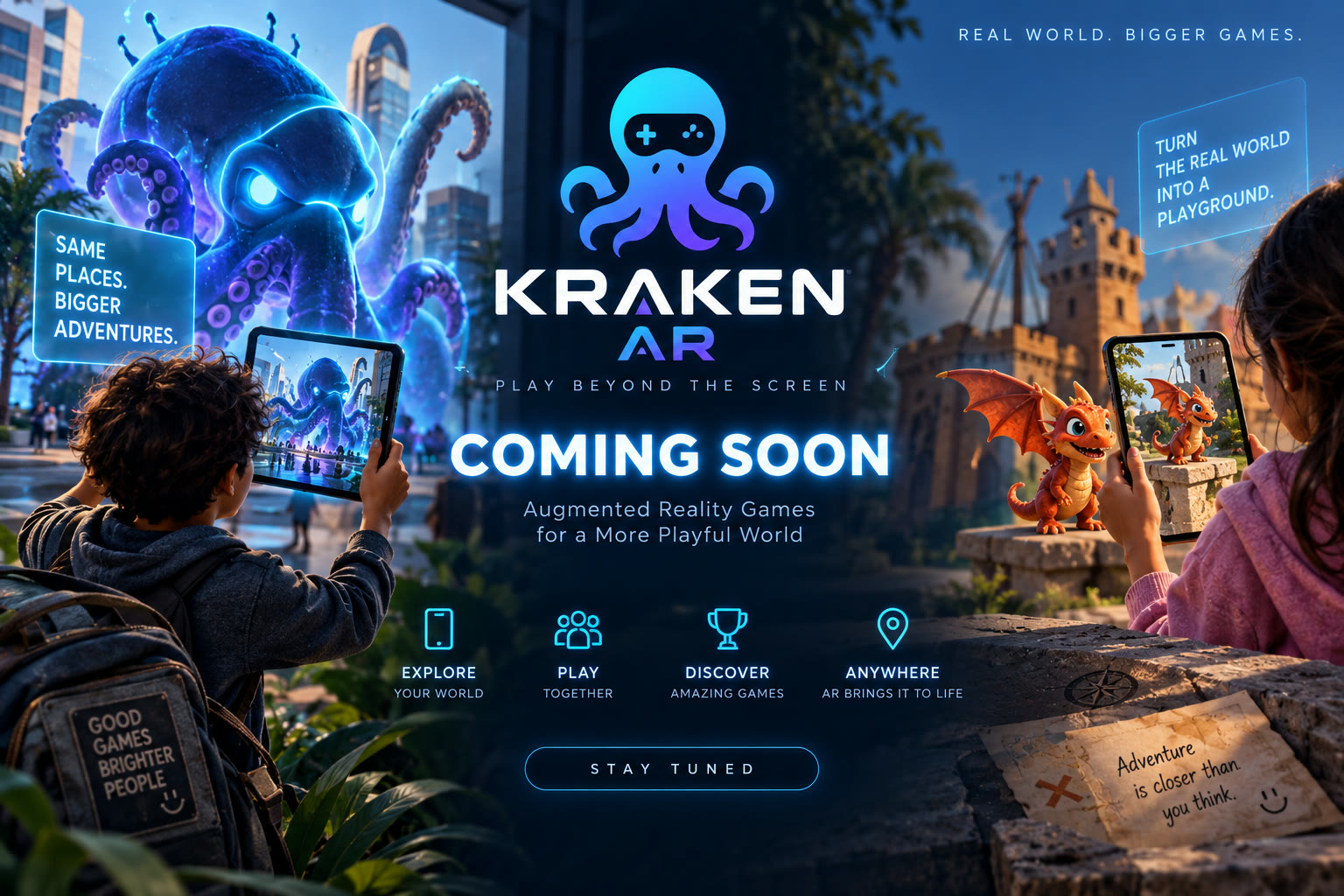 KrakenAR key art: children using tablets to see a giant kraken and a dragon appear in their city