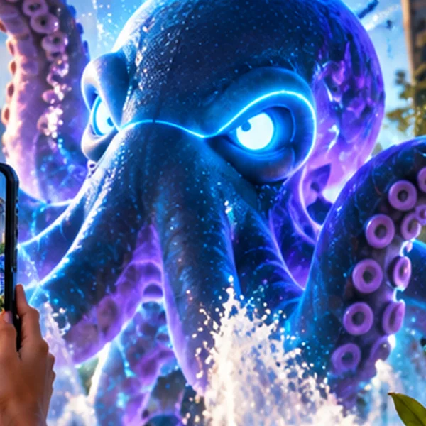A glowing augmented reality kraken rising from a city fountain